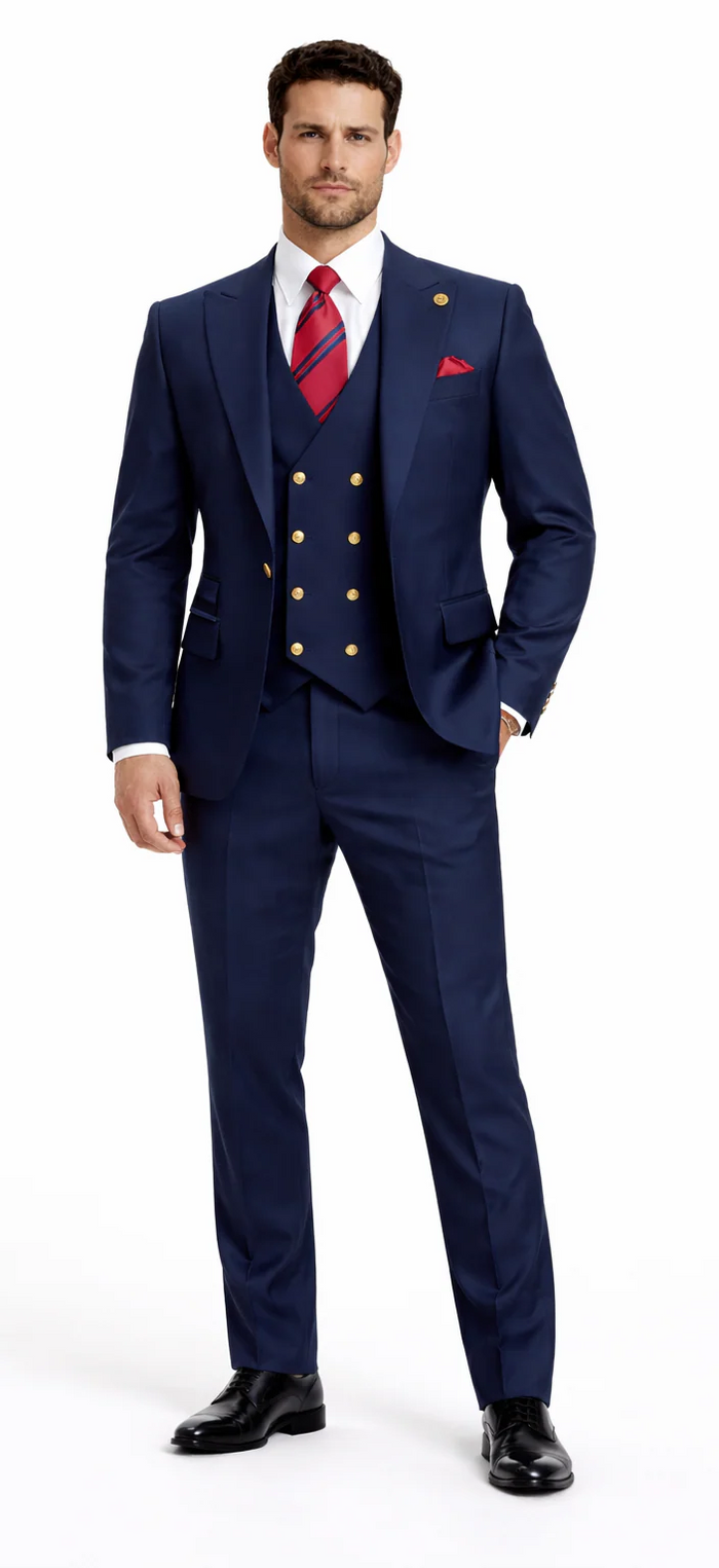 Rossiman Navy Blue Suit for Men Classic 1-Button Peak Lapel Jacket & Double-Breasted Vest