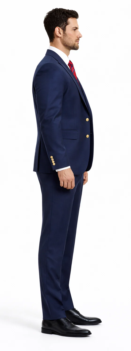 Rossiman Navy Blue Suit for Men Classic 1-Button Peak Lapel Jacket & Double-Breasted Vest