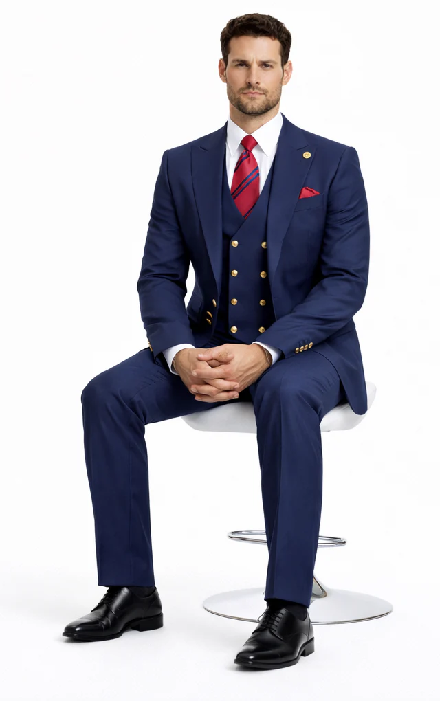 Rossiman Navy Blue Suit for Men Classic 1-Button Peak Lapel Jacket & Double-Breasted Vest