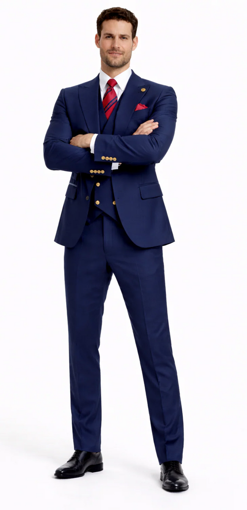 Rossiman Navy Blue Suit for Men Classic 1-Button Peak Lapel Jacket & Double-Breasted Vest