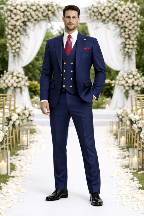 Rossiman Navy Blue Suit for Men Classic 1-Button Peak Lapel Jacket & Double-Breasted Vest