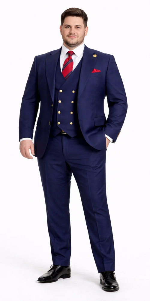 Rossiman Navy Blue Suit for Men Classic 1-Button Peak Lapel Jacket & Double-Breasted Vest