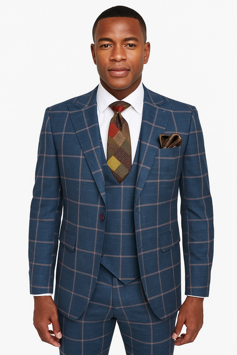 Rossiman Mens Navy & Gray Plaid Suit - Classic Windowpane Double-Breasted Design