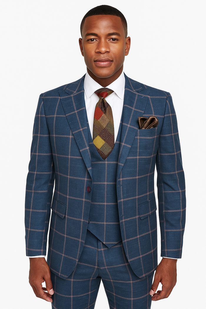 Rossiman Mens Navy & Gray Plaid Suit - Classic Windowpane Double-Breasted Design