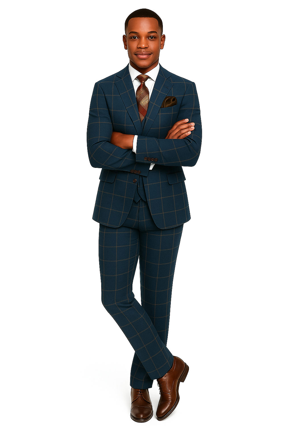 Rossiman Mens Navy & Gray Plaid Suit - Classic Windowpane Double-Breasted Design