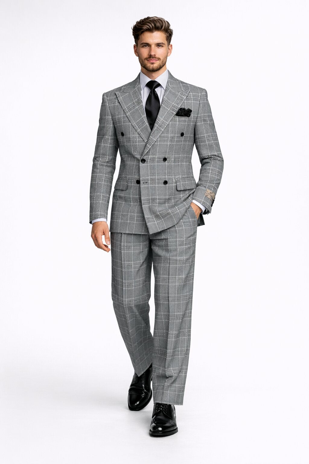 Suits With Baggy Pleated Pants - Wide Leg Pants 100% Wool - Classic Fit in Black and White Plaid Color by Rossiman - 38 Regular