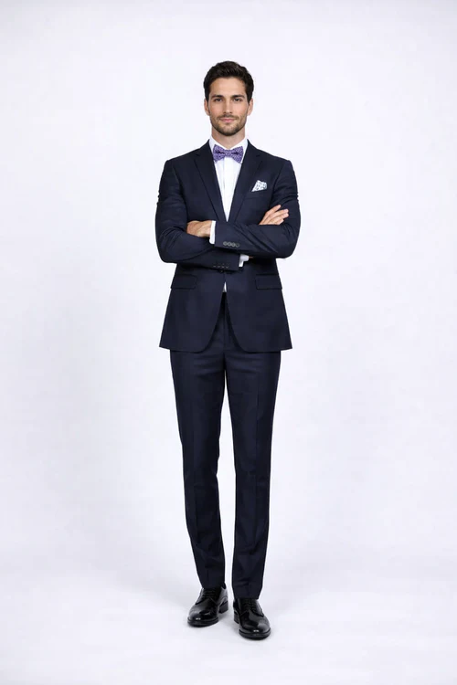 Rossiman Rossi Navy Blue Slim Fit Suit Peak Lapel Tailored Formalwear for Men
