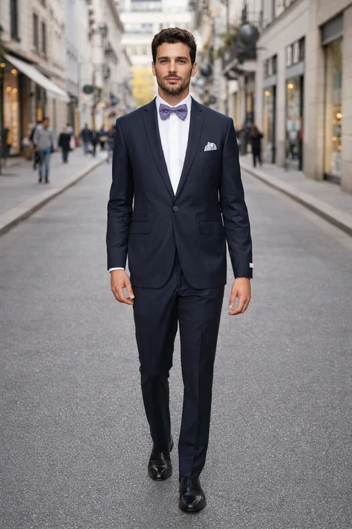 Rossiman Rossi Navy Blue Slim Fit Suit Peak Lapel Tailored Formalwear for Men