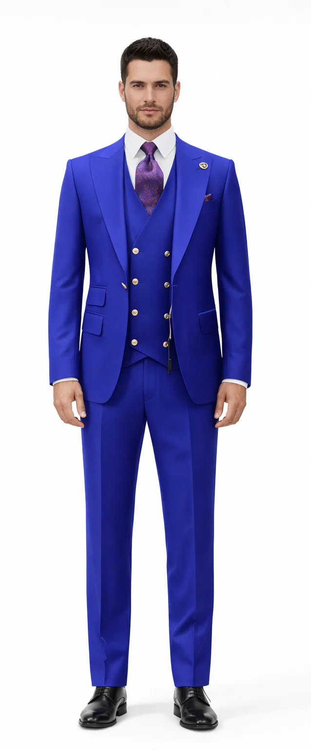 Rossiman Brand Royal Blue Suits - One Button Suit Peak Lapel Double Breasted Vest Royal Blue Prom 2026 Suits