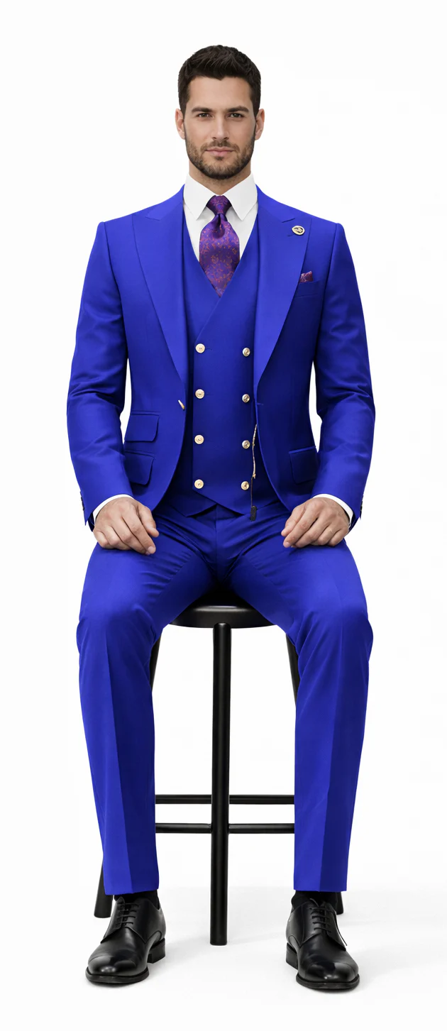 Rossiman Brand Royal Blue Suits - One Button Suit Peak Lapel Double Breasted Vest Royal Blue Prom 2026 Suits