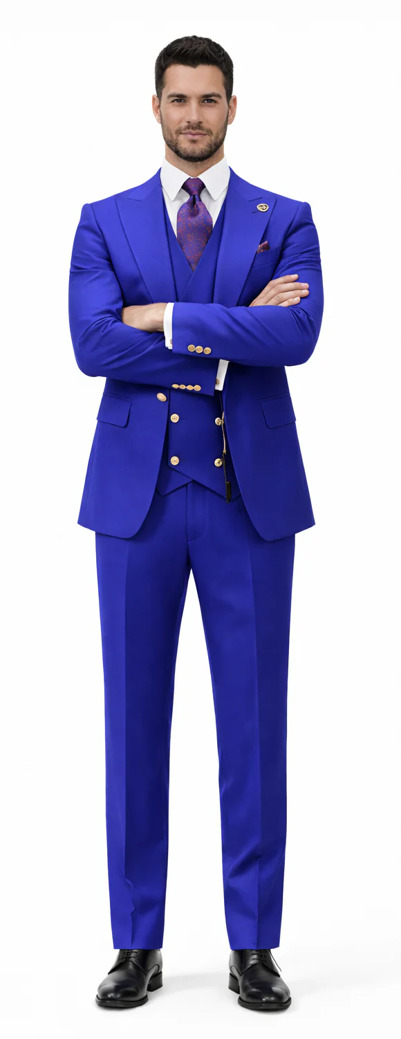 Rossiman Brand Royal Blue Suits - One Button Suit Peak Lapel Double Breasted Vest Royal Blue Prom 2026 Suits - 38 Short Jacket+32 Waist Adjustable 28to34)(Height: 5 4 to5 7 )(Neck  15-16.5)S-M)