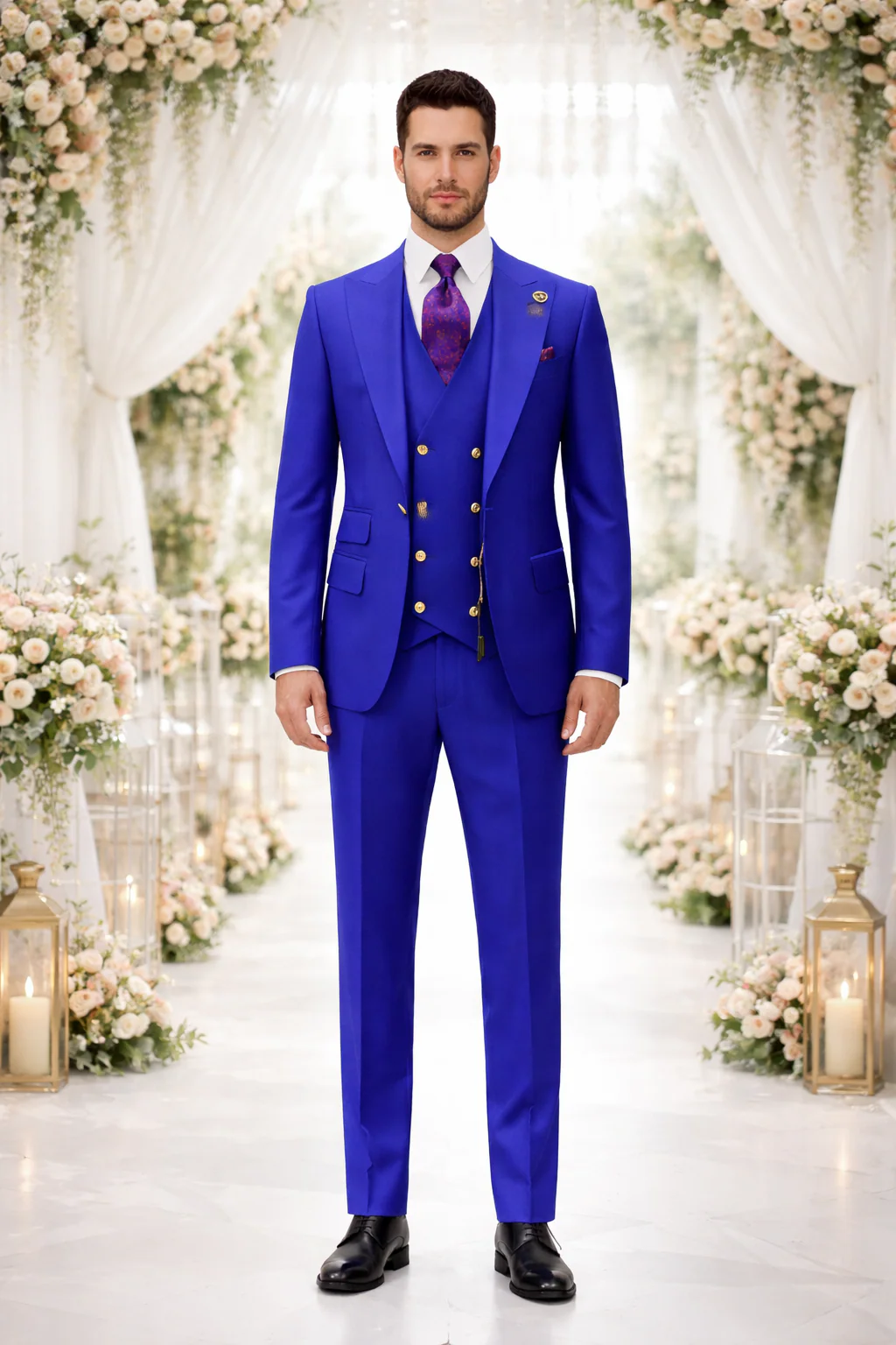 Rossiman Brand Royal Blue Suits - One Button Suit Peak Lapel Double Breasted Vest Royal Blue Prom 2026 Suits - 38 Short Jacket+32 Waist Adjustable 28to34)(Height: 5 4 to5 7 )(Neck  15-16.5)S-M)