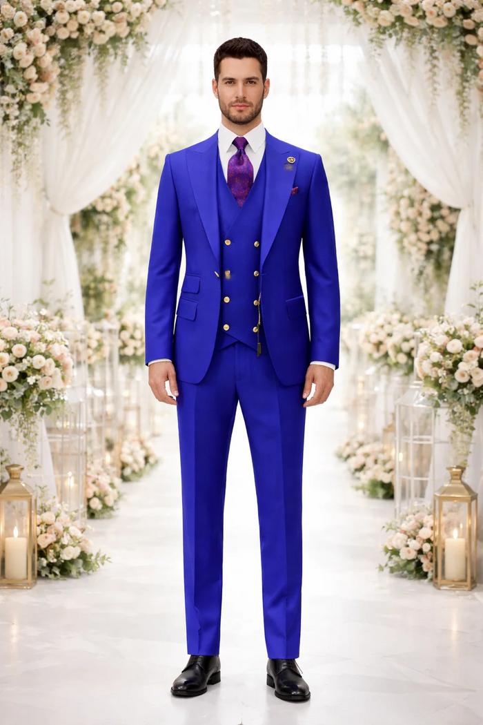 Rossiman Brand Royal Blue Suits - One Button Suit Peak Lapel Double Breasted Vest Royal Blue Prom 2026 Suits