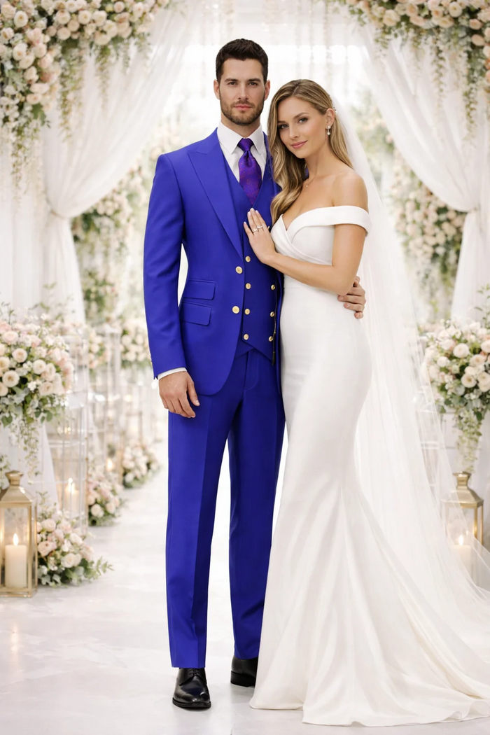 Rossiman Brand Royal Blue Suits - One Button Suit Peak Lapel Double Breasted Vest Royal Blue Prom 2026 Suits