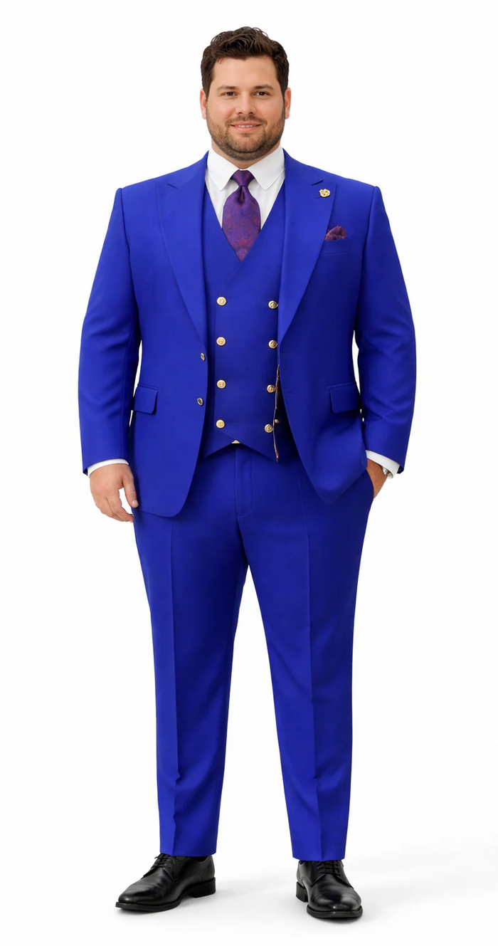 Rossiman Brand Royal Blue Suits - One Button Suit Peak Lapel Double Breasted Vest Royal Blue Prom 2026 Suits