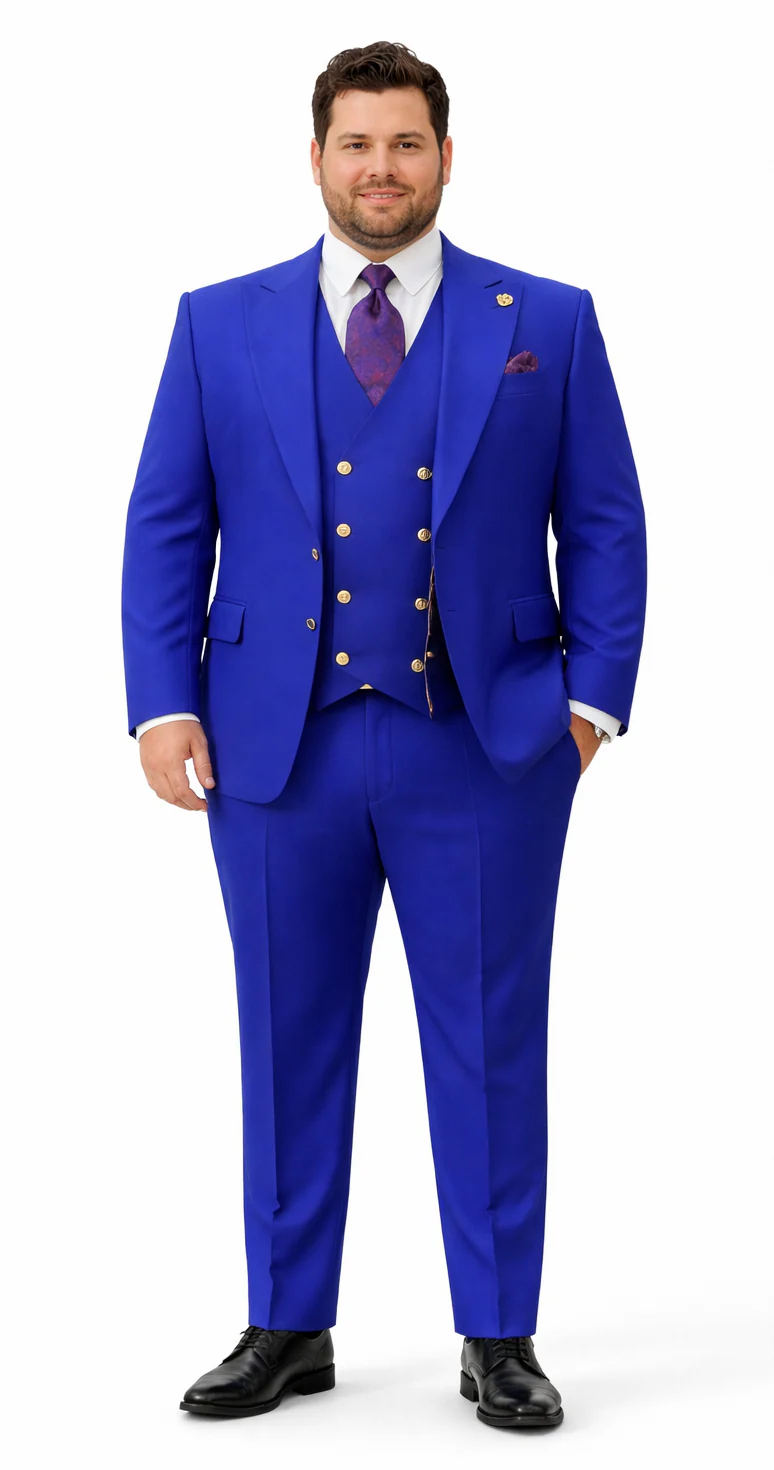 Rossiman Brand Royal Blue Suits - One Button Suit Peak Lapel Double Breasted Vest Royal Blue Prom 2026 Suits