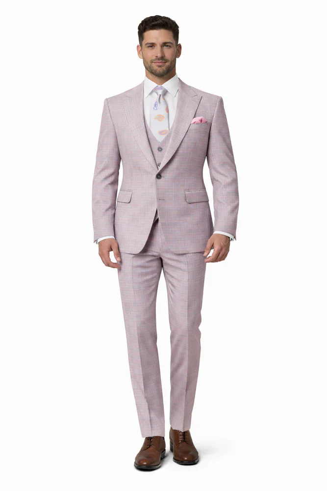 Rossiman Sharkskin Gray Plaid Suit – Double-Breasted Windowpane Suit for Men - 34 Short or Extra Small
