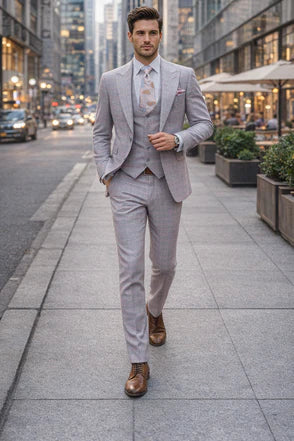 Rossiman Sharkskin Gray Plaid Suit Double-Breasted Windowpane Suit for Men