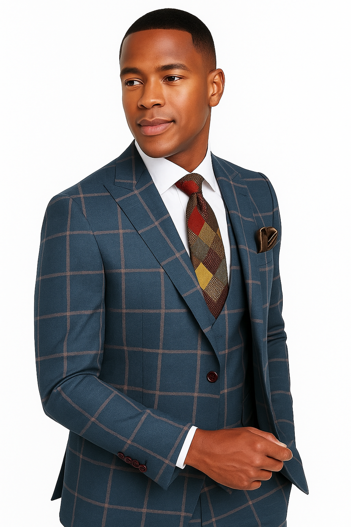 Rossiman Mens Navy & Gray Plaid Suit - Classic Windowpane Double-Breasted Design