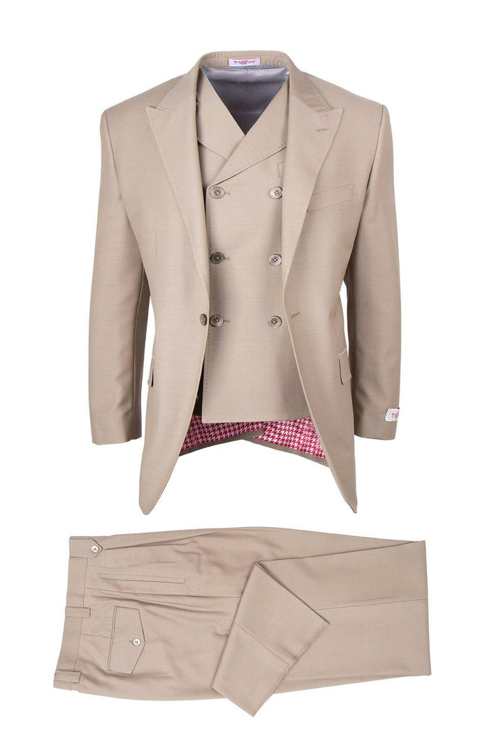 Tiglio Italian Suit - Real Wool Fabric Super 150's San Giovesse Tan, Wide Leg Suit & Vest in Color Tan