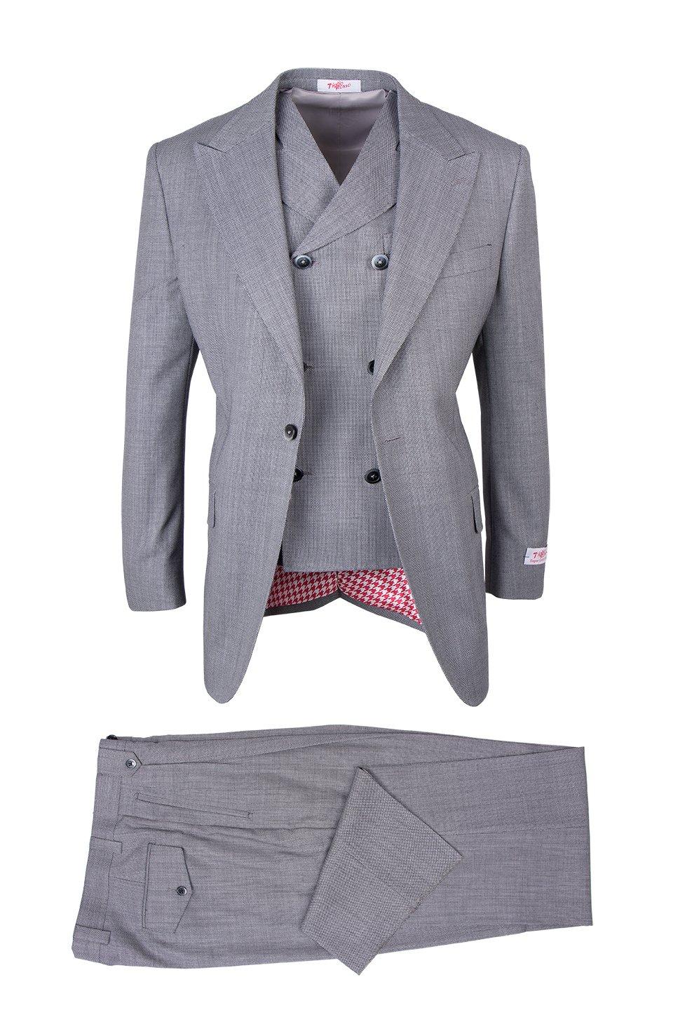 Tiglio Italian Suit - Real Wool Fabric Super 150's San Giovesse Light Gray Birdseye, Wide Leg Suit & Vest in Color Light Gray - 40R