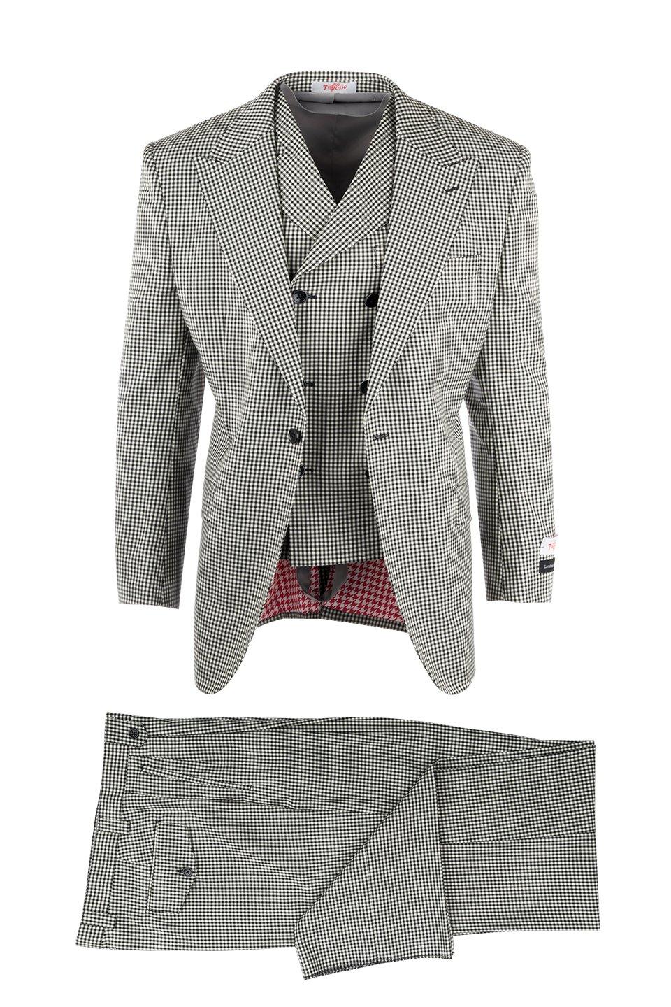 Tiglio Italian Suit - Real Wool Fabric Super 150's San Giovesse Black and White Check, Wide Leg Suit & Vest in Color Black and White - 40R
