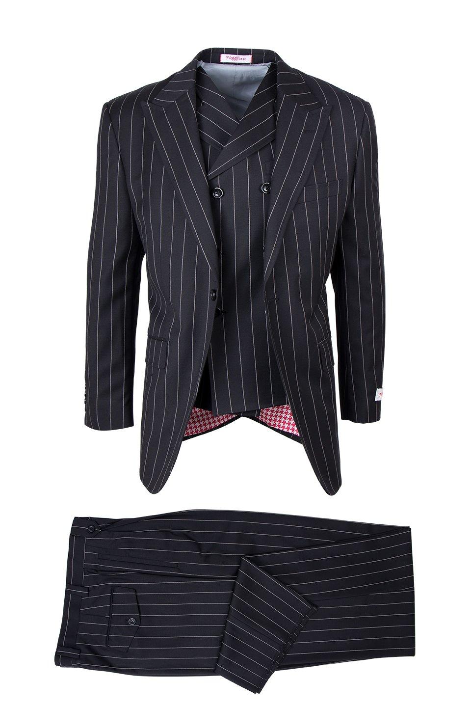 Tiglio Italian Suit - Real Wool Fabric Super 150's San Giovesse Black Bold Pinstripe, Wide Leg Suit & Vest in Color Black - 40R