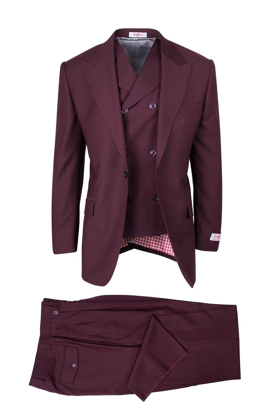 Tiglio Italian Suit - Real Wool Fabric Super 150's San Giovesse Burgundy, Wide Leg Suit & Vest in Color Burgundy - 38R
