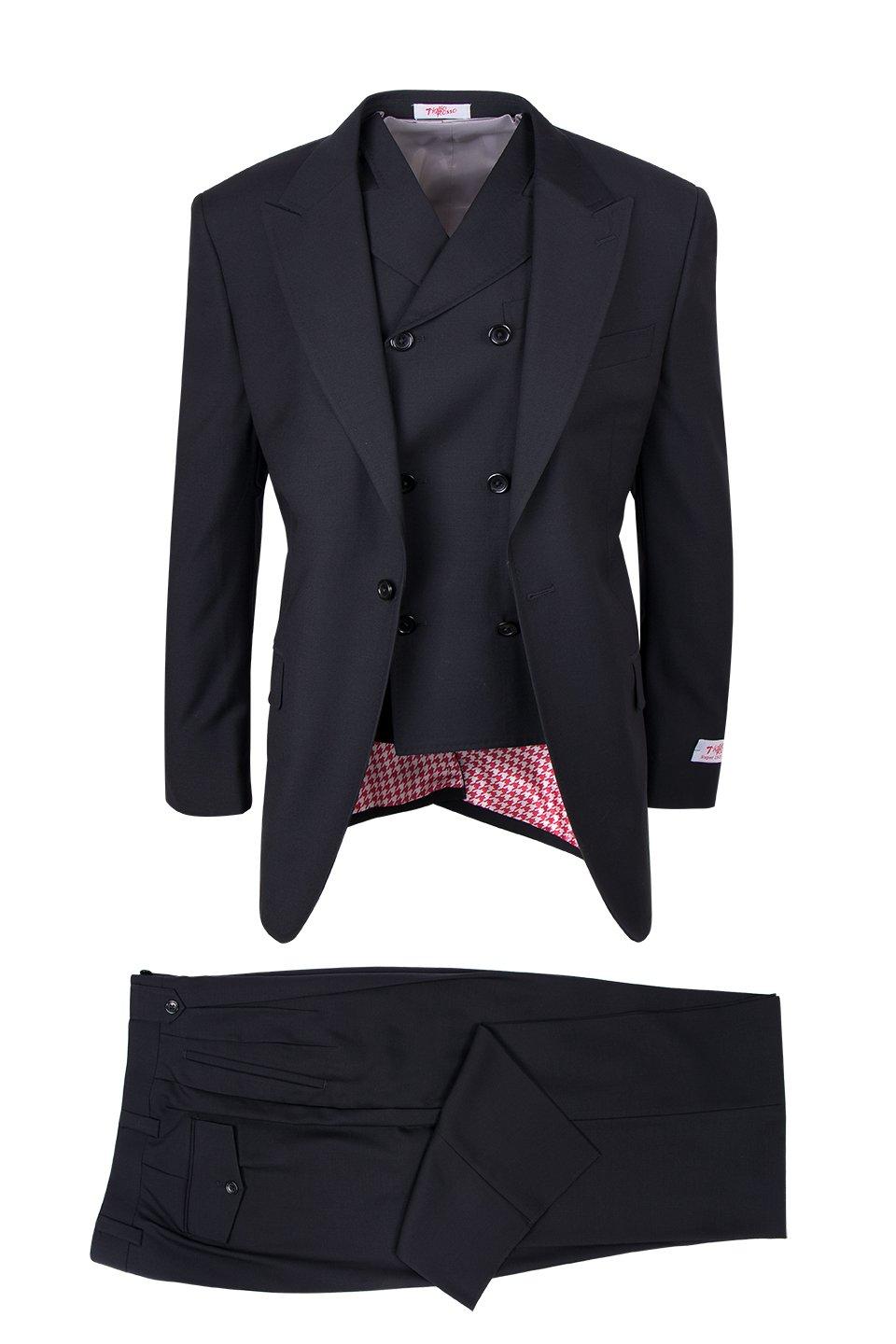 Tiglio Italian Suit - Real Wool Fabric Super 150's San Giovesse Black, Wide Leg Suit & Vest in Color Black - 38R