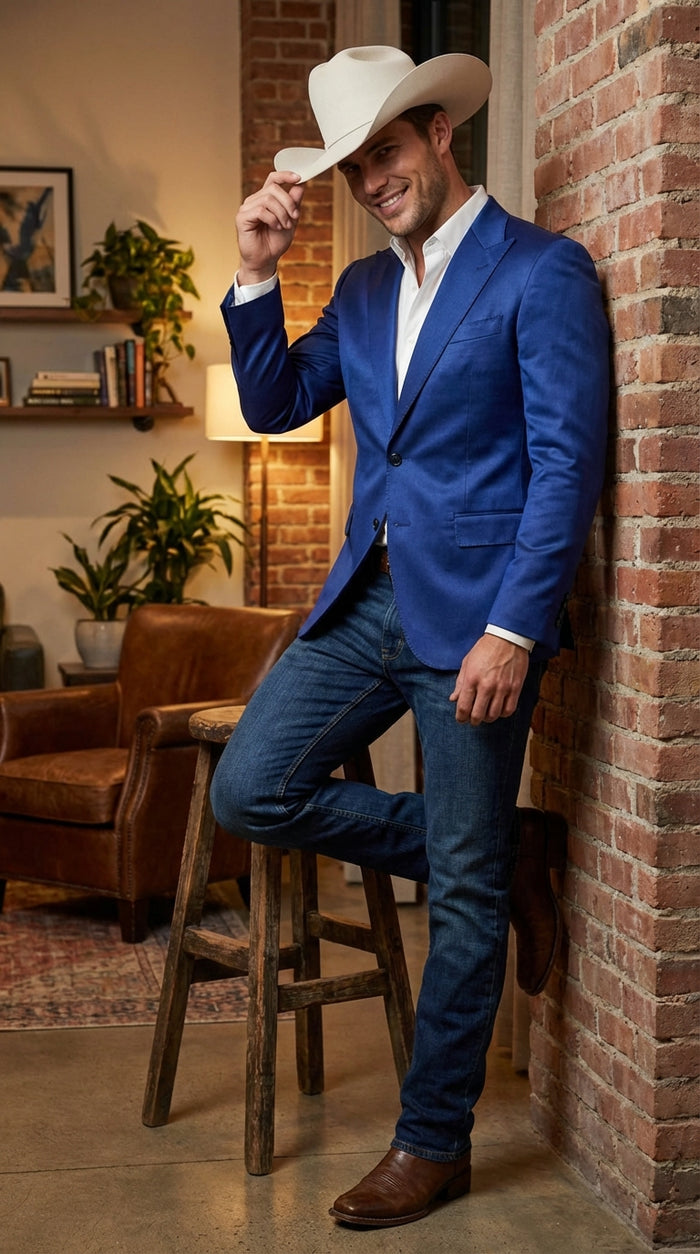 Mens Shiny Royal Blue Cowboy Blazer Western Style Satin Finish Blazer for Party, Country Events and Evening Wear