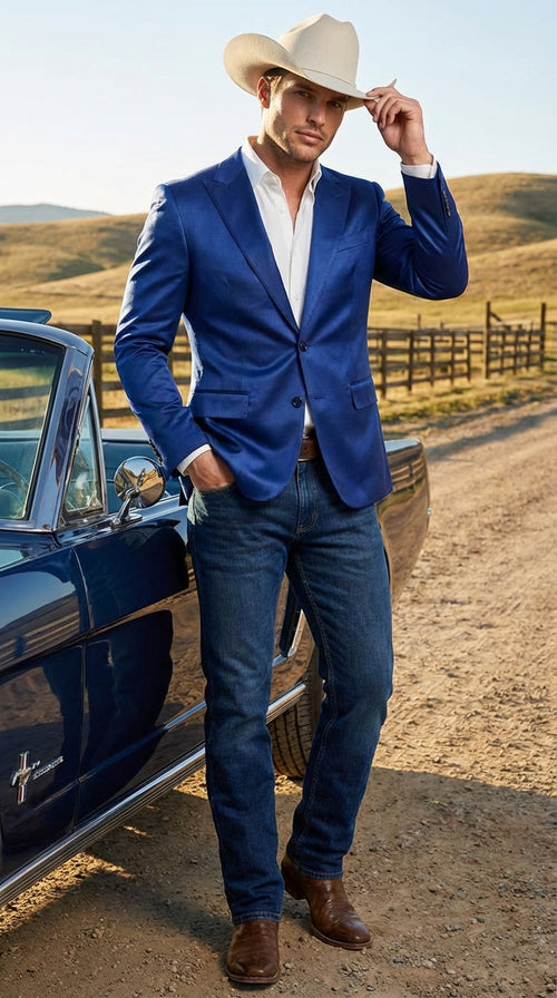 Mens Shiny Royal Blue Cowboy Blazer Western Style Satin Finish Blazer for Party, Country Events and Evening Wear
