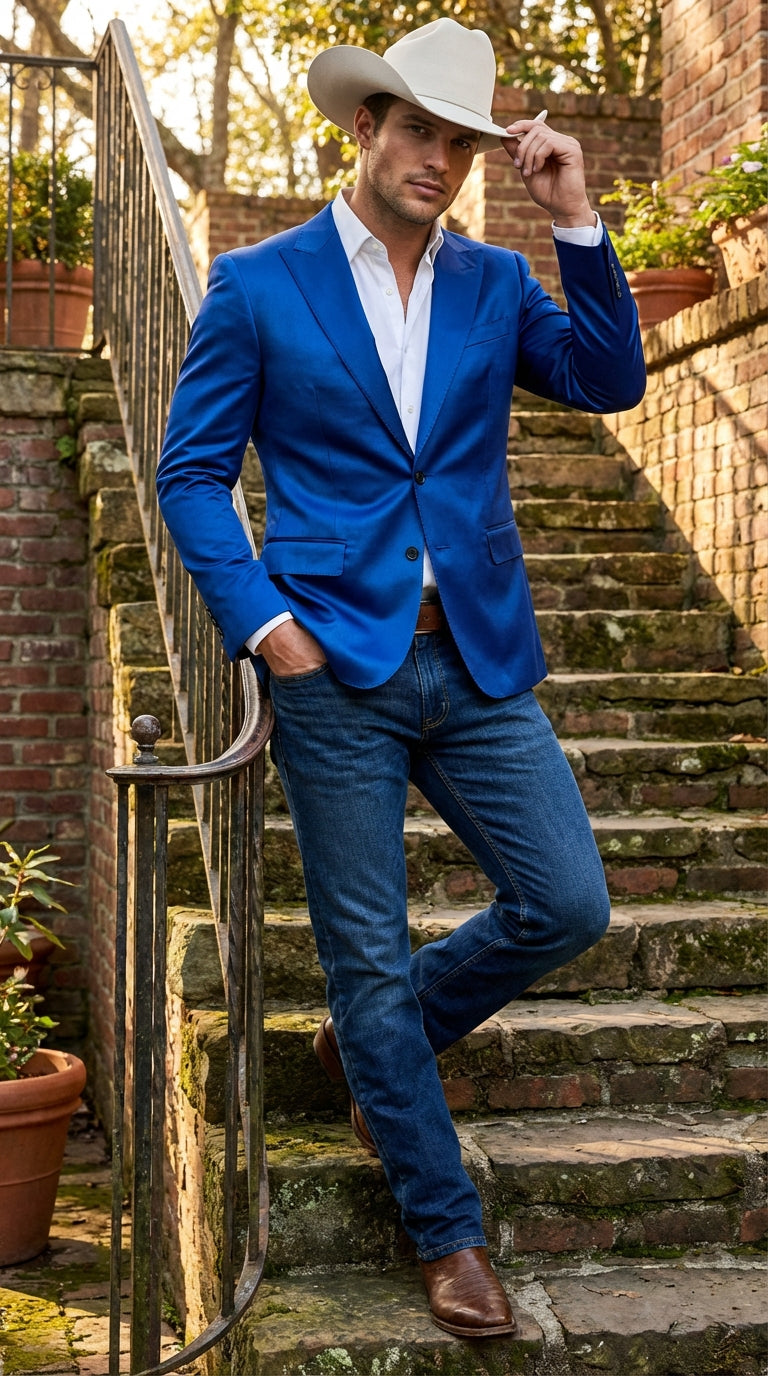 Mens Shiny Royal Blue Cowboy Blazer Western Style Satin Finish Blazer for Party, Country Events and Evening Wear