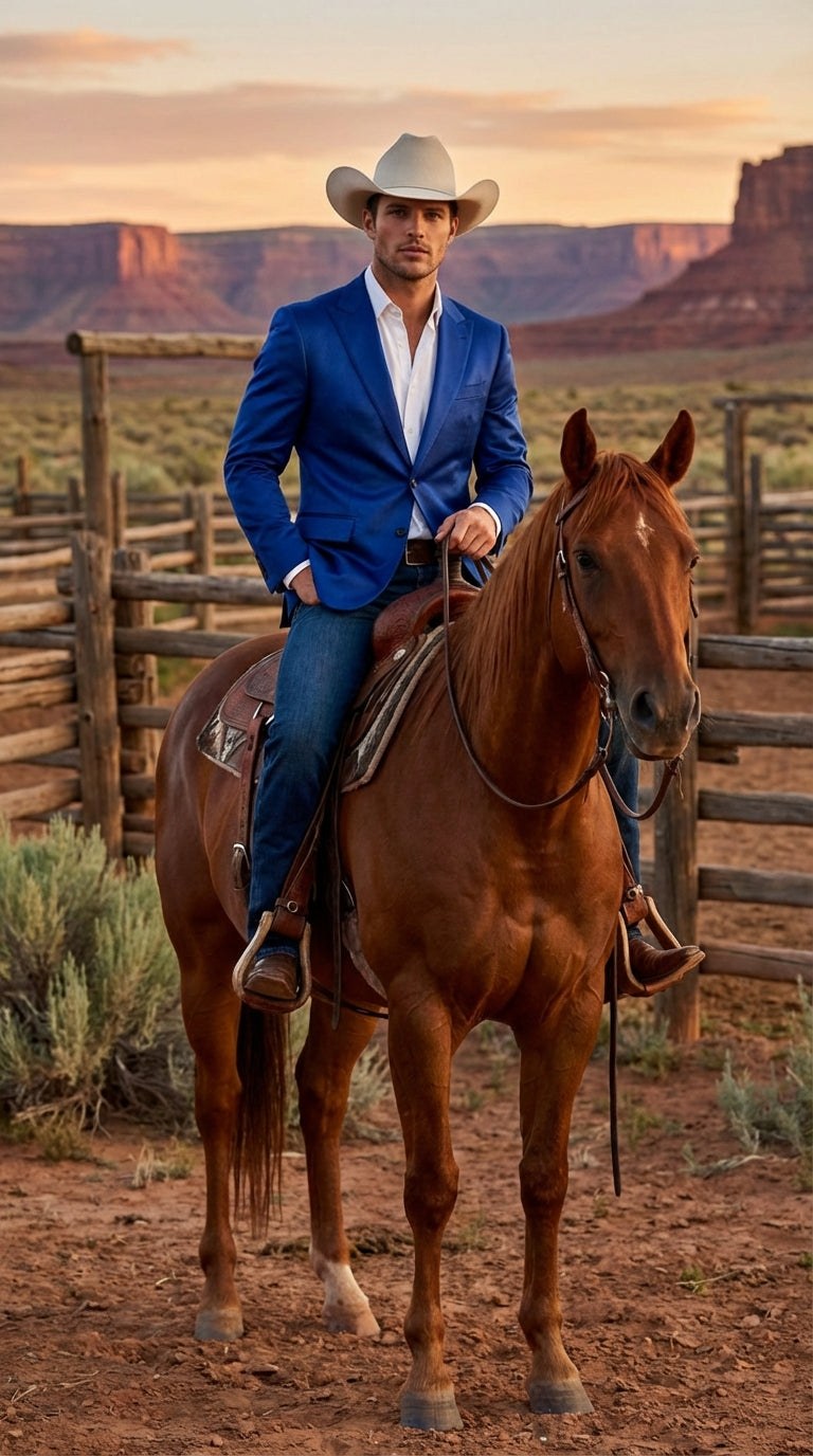 Mens Shiny Royal Blue Cowboy Blazer Western Style Satin Finish Blazer for Party, Country Events and Evening Wear