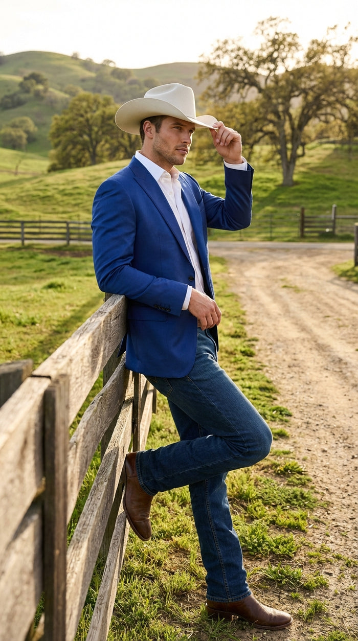 Mens Shiny Royal Blue Cowboy Blazer Western Style Satin Finish Blazer for Party, Country Events and Evening Wear