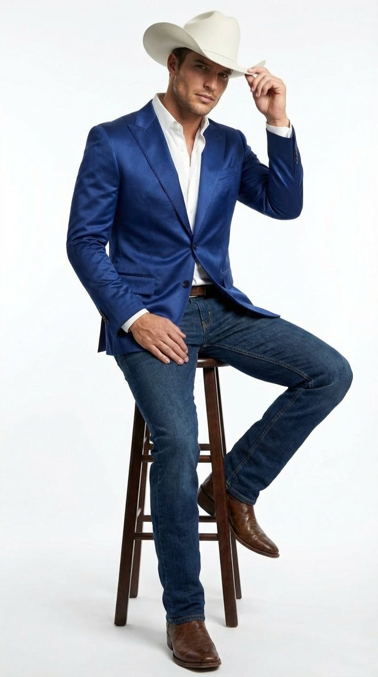 Mens Shiny Royal Blue Cowboy Blazer Western Style Satin Finish Blazer for Party, Country Events and Evening Wear
