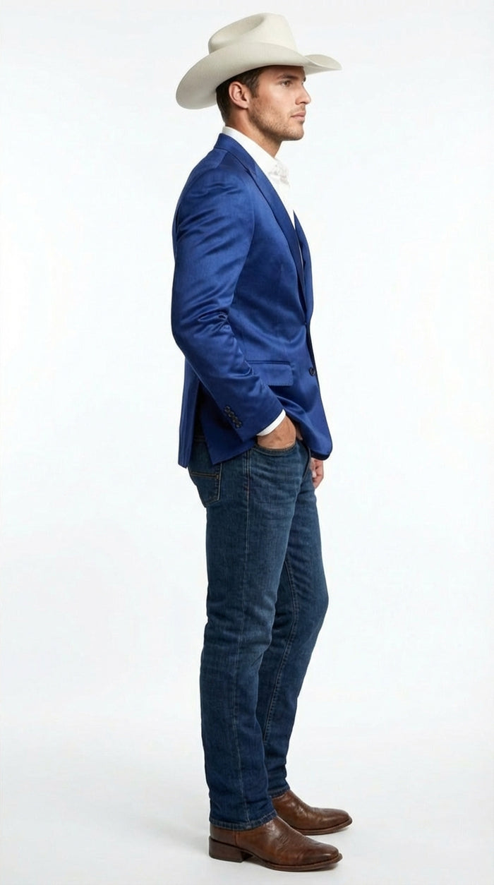 Mens Shiny Royal Blue Cowboy Blazer Western Style Satin Finish Blazer for Party, Country Events and Evening Wear