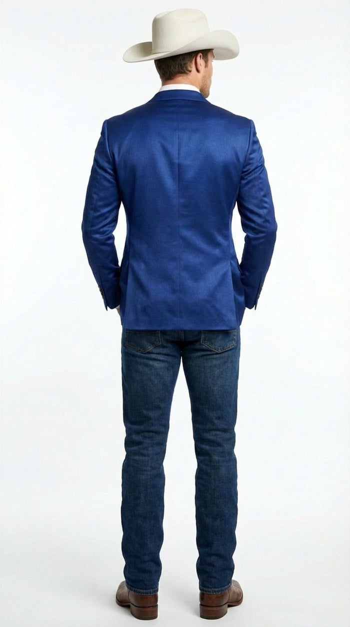 Mens Shiny Royal Blue Cowboy Blazer Western Style Satin Finish Blazer for Party, Country Events and Evening Wear