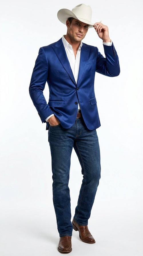 Mens Shiny Royal Blue Cowboy Blazer Western Style Satin Finish Blazer for Party, Country Events and Evening Wear