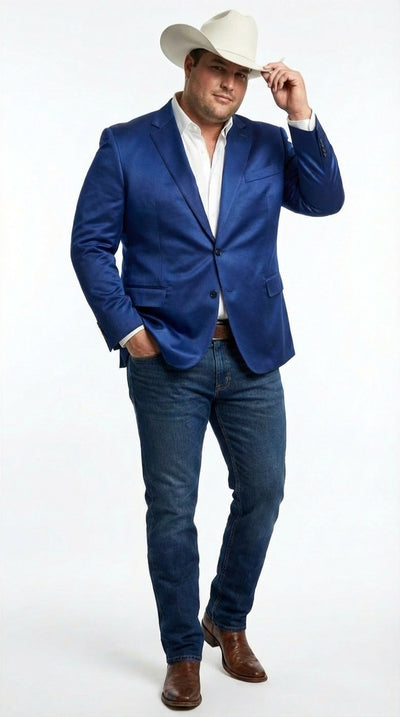 Mens Shiny Royal Blue Cowboy Blazer Western Style Satin Finish Blazer for Party, Country Events and Evening Wear