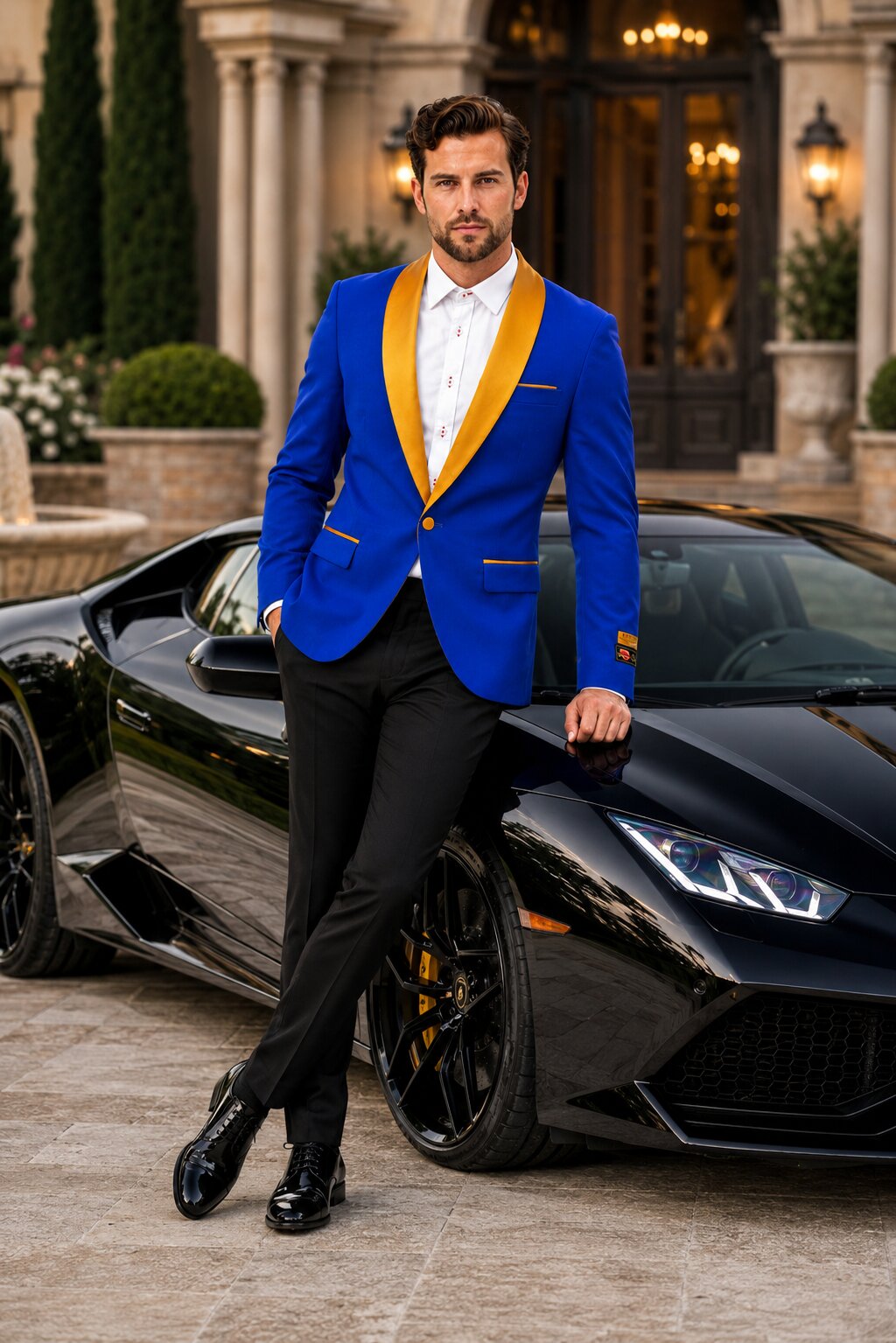 Mens Royal Blue Prom 2026 Tuxedo - Mens One Button Contrast Shawl Collar Dinner Jacket Royal Blue & Gold - 52 Long