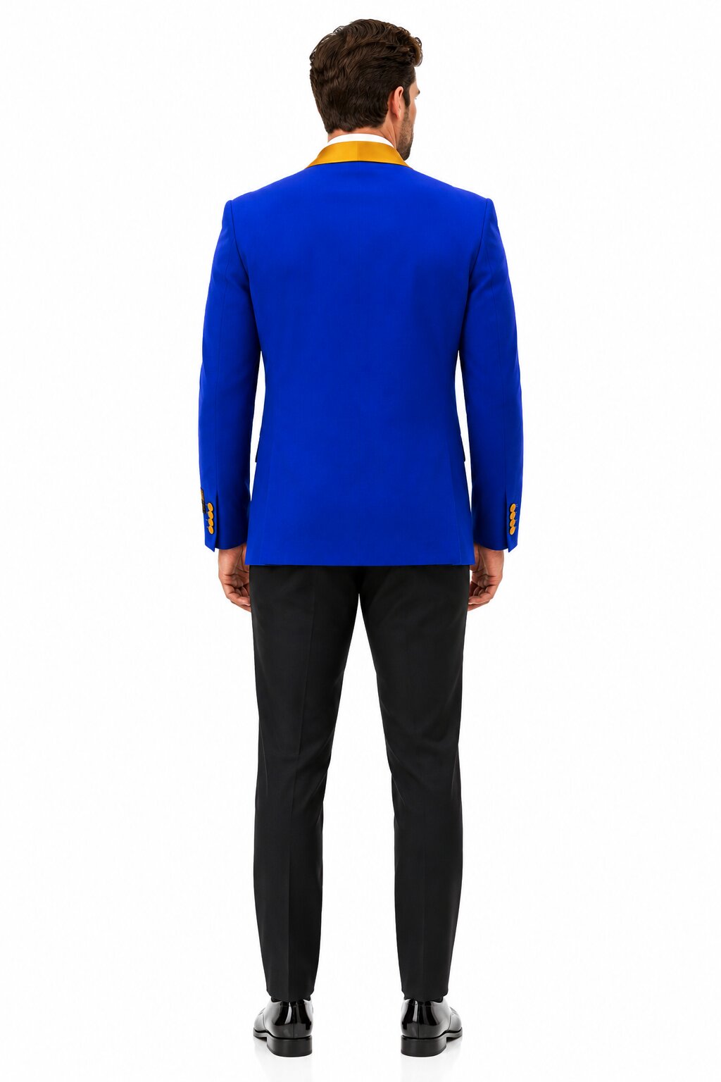 Mens Royal Blue Prom 2026 Tuxedo - Mens One Button Contrast Shawl Collar Dinner Jacket Royal Blue & Gold - 52 Long