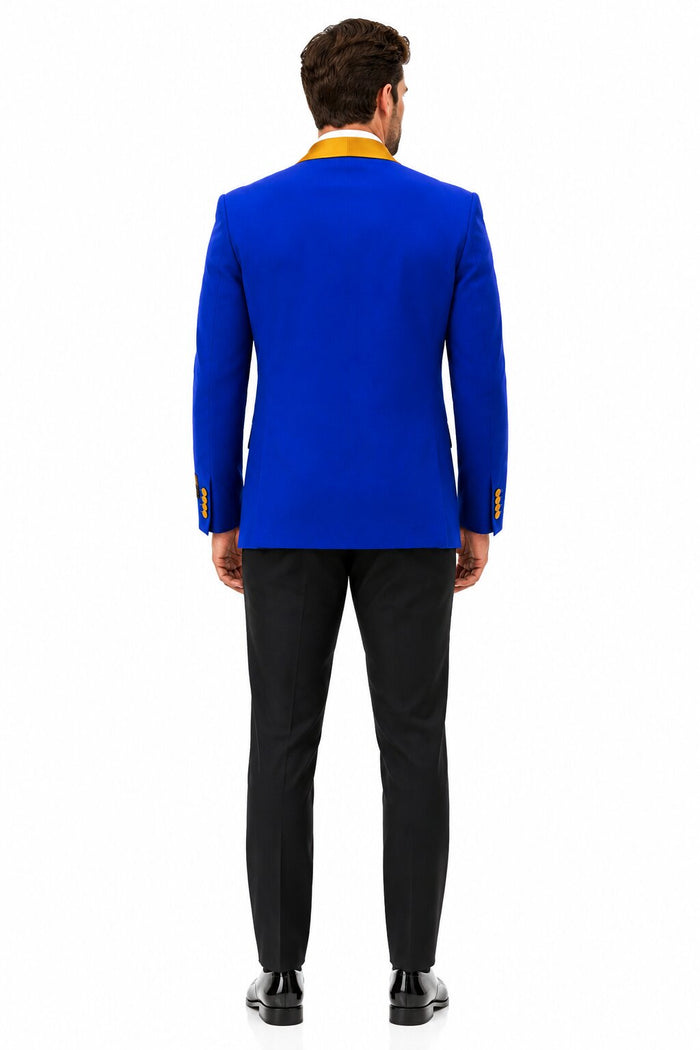 Mens Royal Blue Prom 2026 Tuxedo - Mens One Button Contrast Shawl Collar Dinner Jacket Royal Blue & Gold