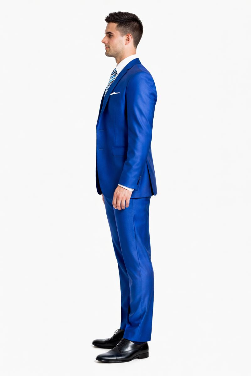 "Royal Blue Men's Sharkskin Wedding Suit - Two Button Vested Prom 2026 Fashion" - 34 Short