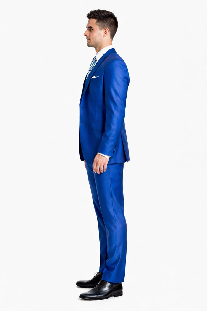 "Royal Blue Men's Sharkskin Wedding Suit - Two Button Vested Prom 2026 Fashion"