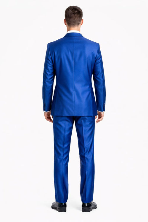 "Royal Blue Men's Sharkskin Wedding Suit - Two Button Vested Prom 2026 Fashion"