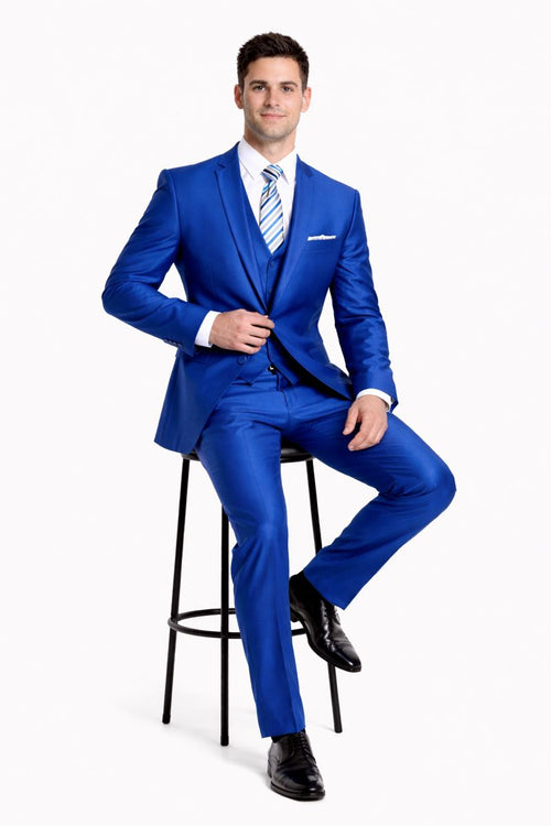 "Royal Blue Men's Sharkskin Wedding Suit - Two Button Vested Prom 2026 Fashion"