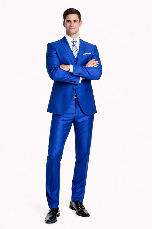 "Royal Blue Men's Sharkskin Wedding Suit - Two Button Vested Prom 2026 Fashion"