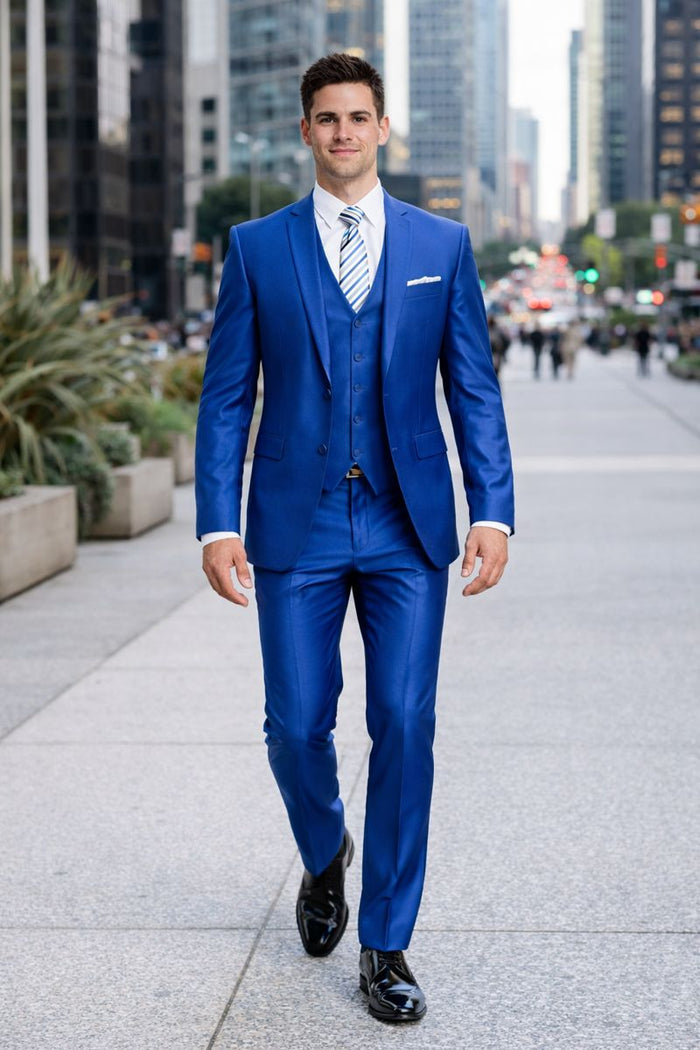 "Royal Blue Men's Sharkskin Wedding Suit - Two Button Vested Prom 2026 Fashion"