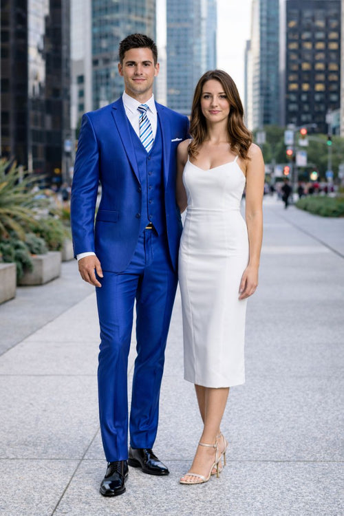 "Royal Blue Men's Sharkskin Wedding Suit - Two Button Vested Prom 2026 Fashion"