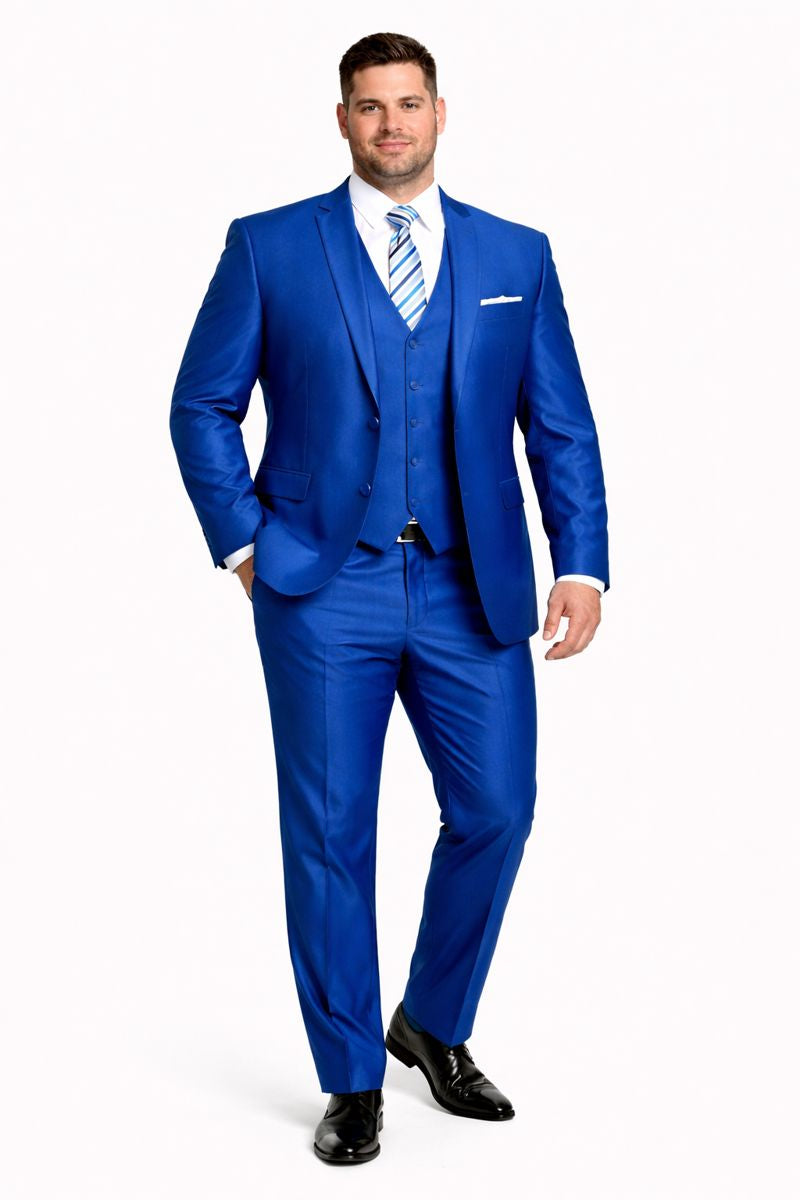 "Royal Blue Men's Sharkskin Wedding Suit - Two Button Vested Prom 2026 Fashion" - 34 Short